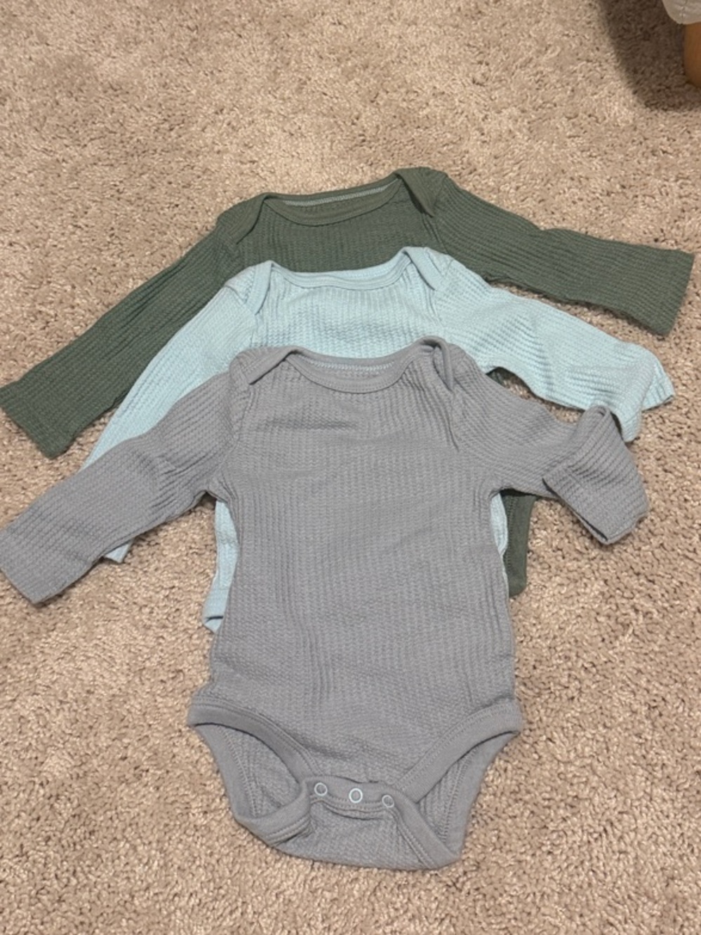 cloud island Waffle Knit Long-Sleeve Baby One-Pieces in Sage, Light Blue & Gray